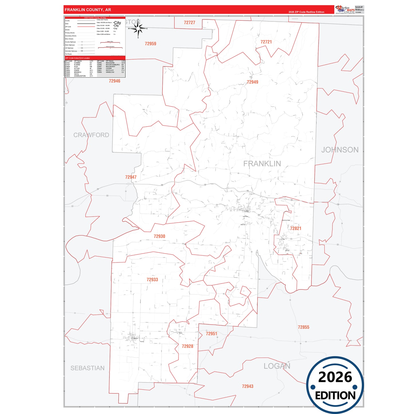 Franklin County, AR Red Line 5 Digit ZIP Code Wall Map