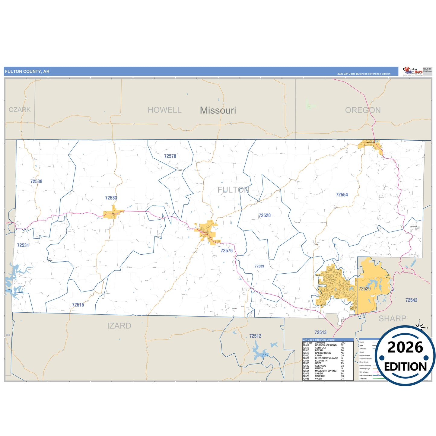 Fulton County, AR Business Reference 5 Digit ZIP Code Wall Map