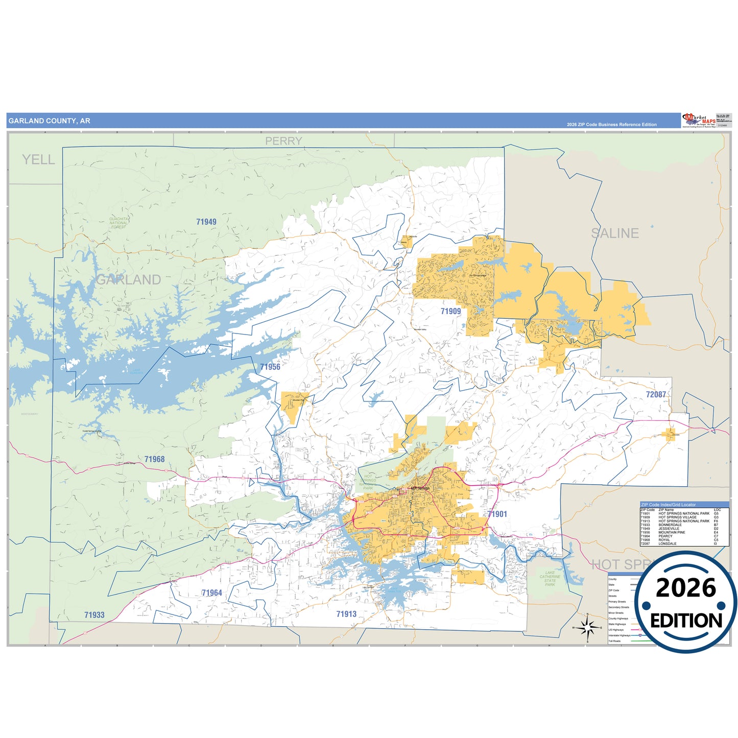 Garland County, AR Business Reference 5 Digit ZIP Code Wall Map