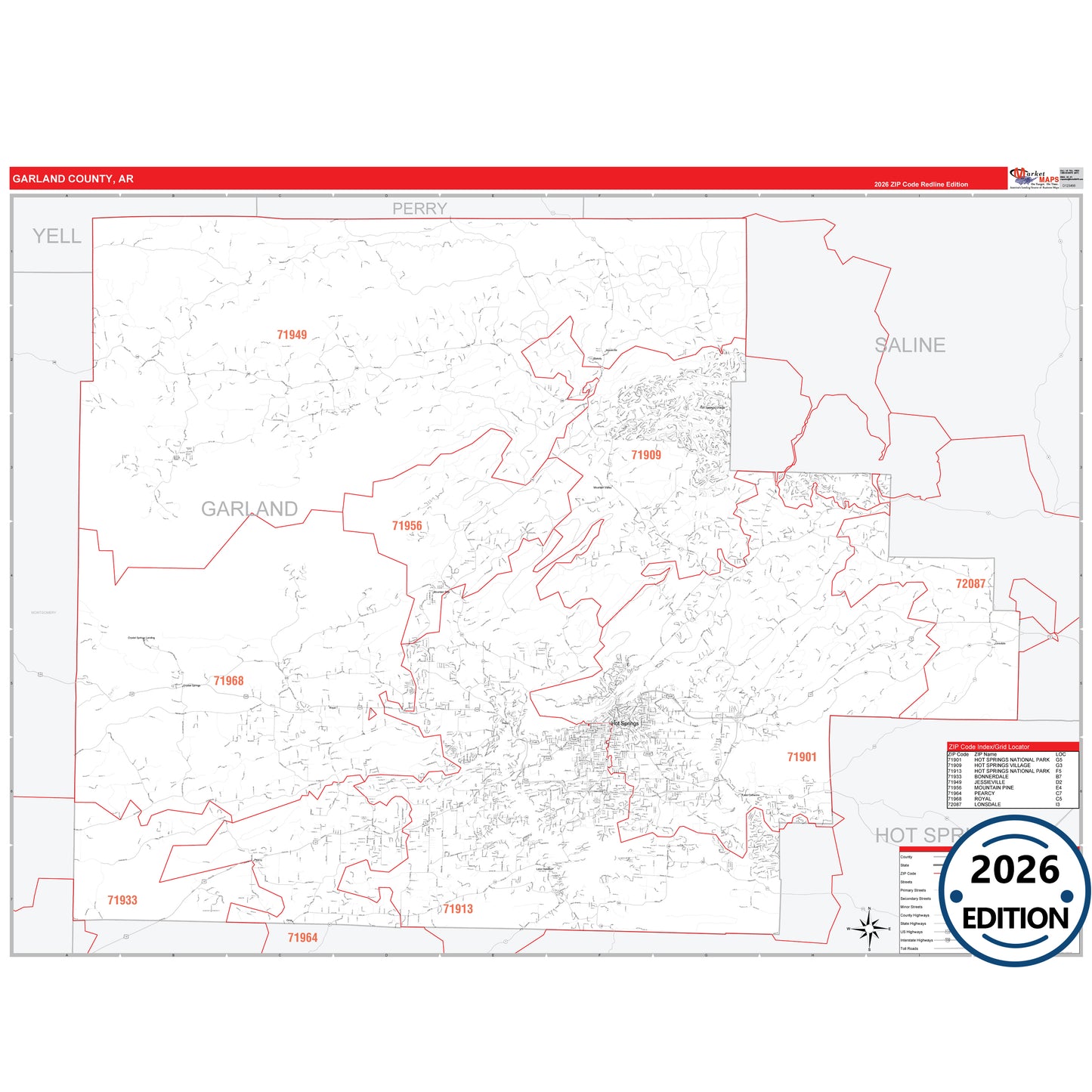 Garland County, AR Red Line 5 Digit ZIP Code Wall Map