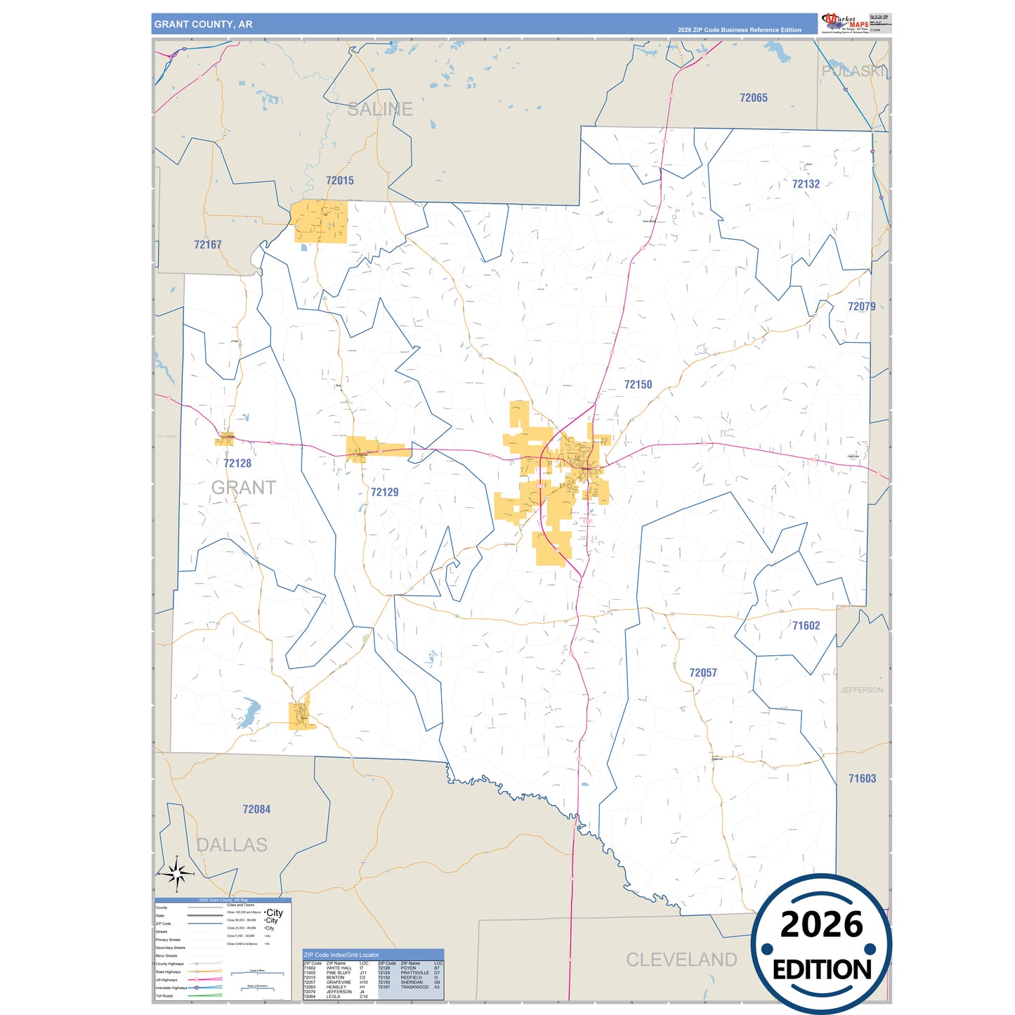 Grant County, AR Business Reference map with detailed roads, cities, and ZIP code boundaries.
