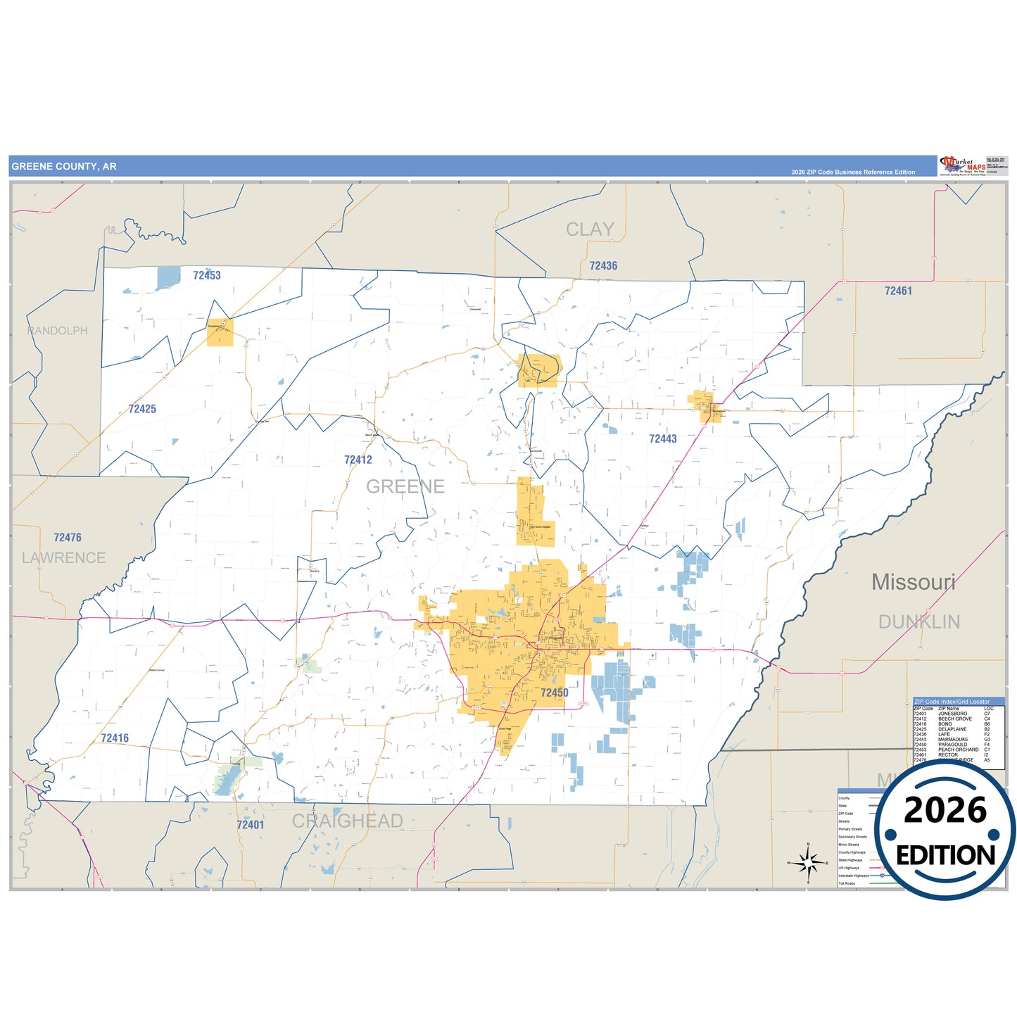 Greene County, AR Business Reference map with detailed roads, cities, and ZIP code boundaries.