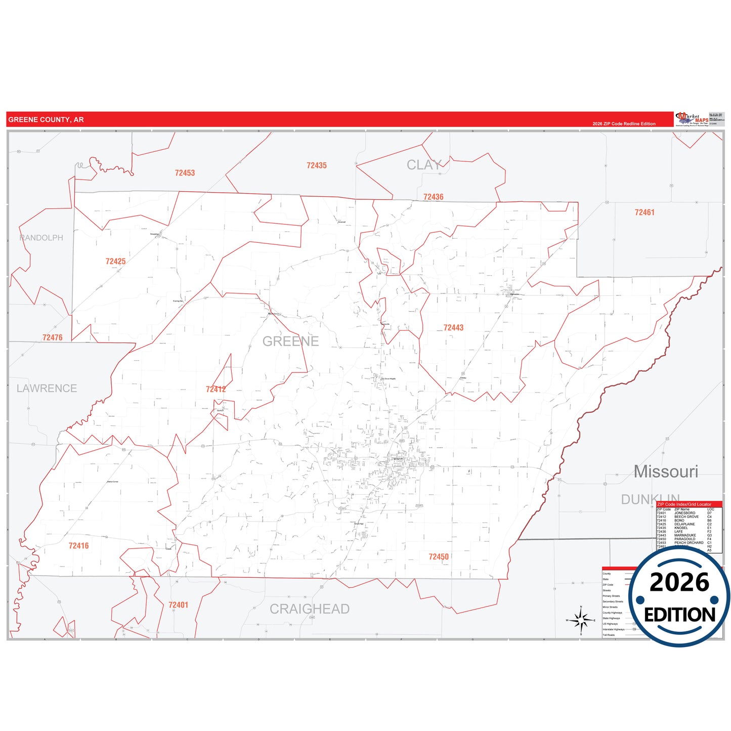 Greene County, AR Red Line 5 Digit ZIP Code Wall Map