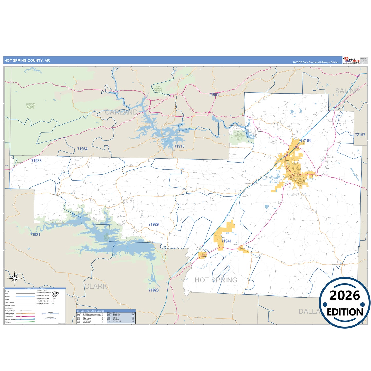 Hot Spring County, AR Business Reference map with detailed roads, cities, and ZIP code boundaries.