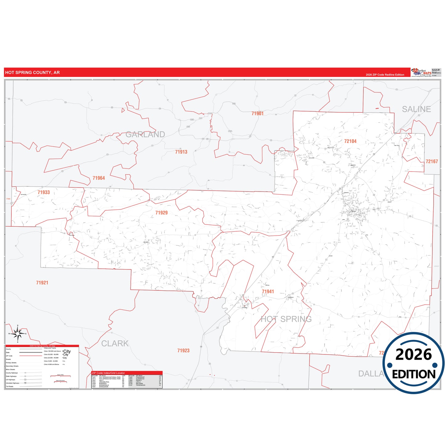 Hot Spring County, AR Red Line 5 Digit ZIP Code Wall Map