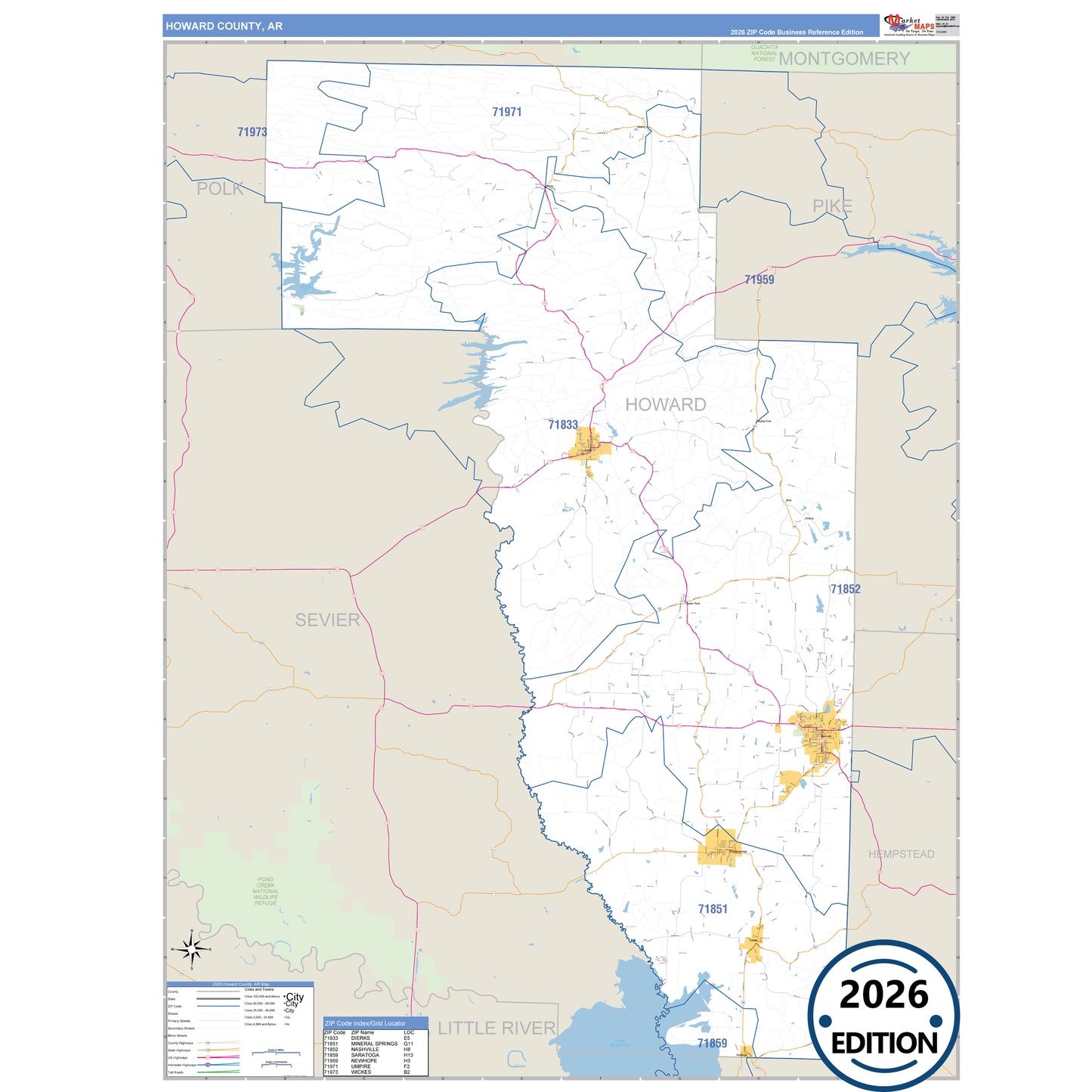 Howard County, AR Business Reference 5 Digit ZIP Code Wall Map