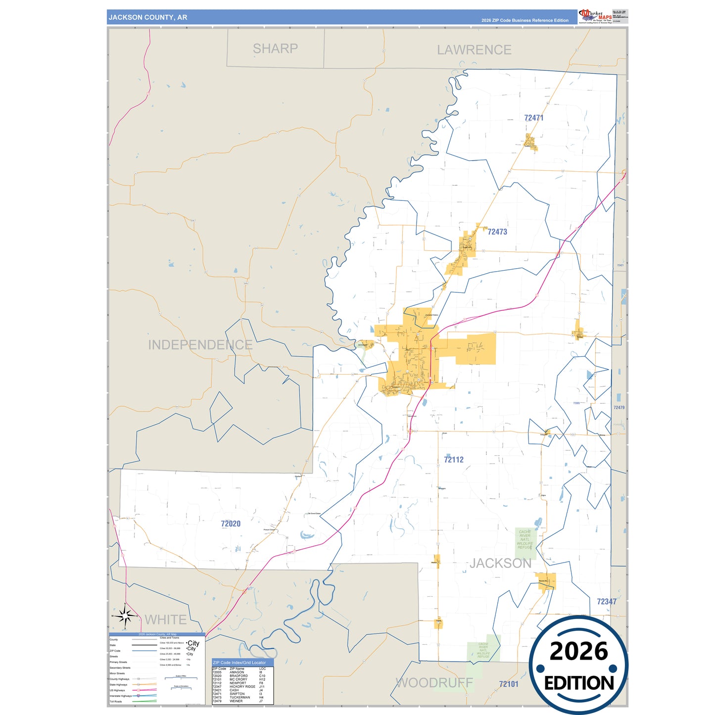 Jackson County, AR Business Reference 5 Digit ZIP Code Wall Map