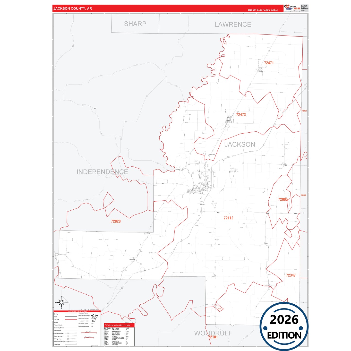 Jackson County, AR Red Line 5 Digit ZIP Code Wall Map