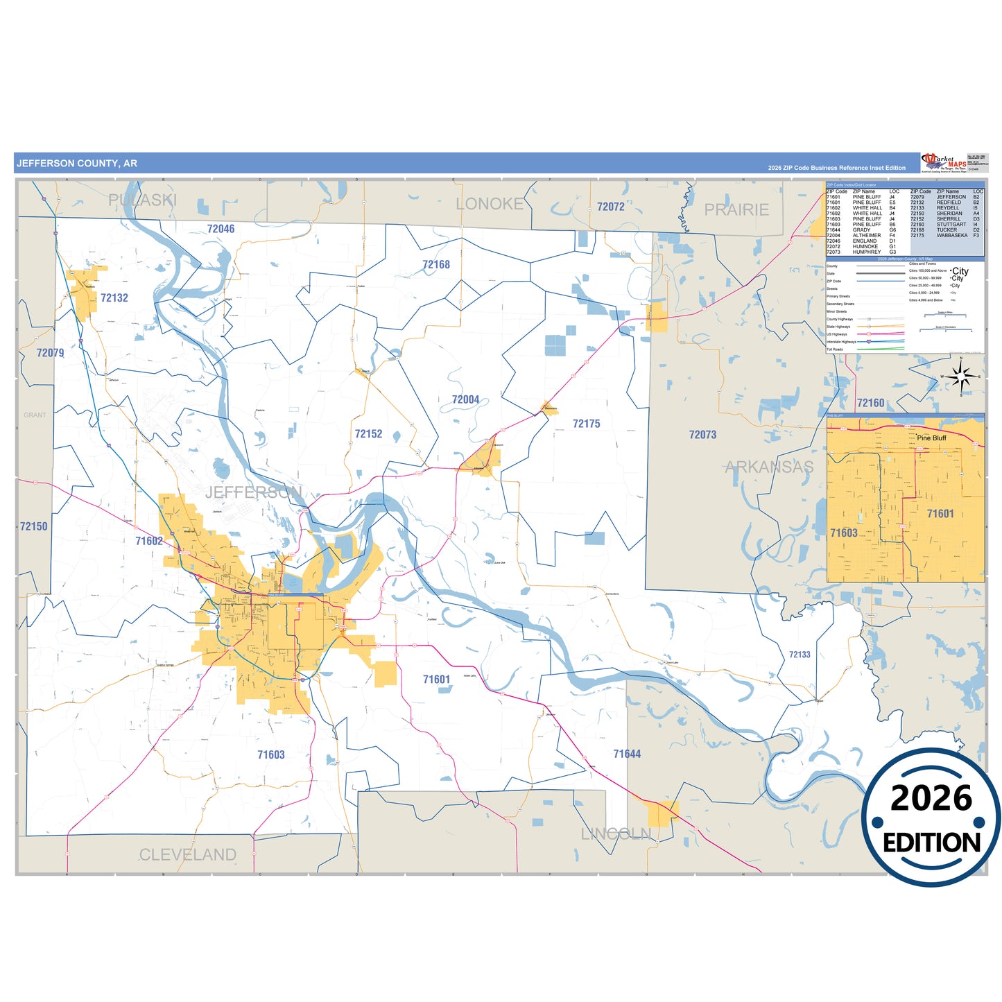 Jefferson County, AR Business Reference 5 Digit ZIP Code Wall Map