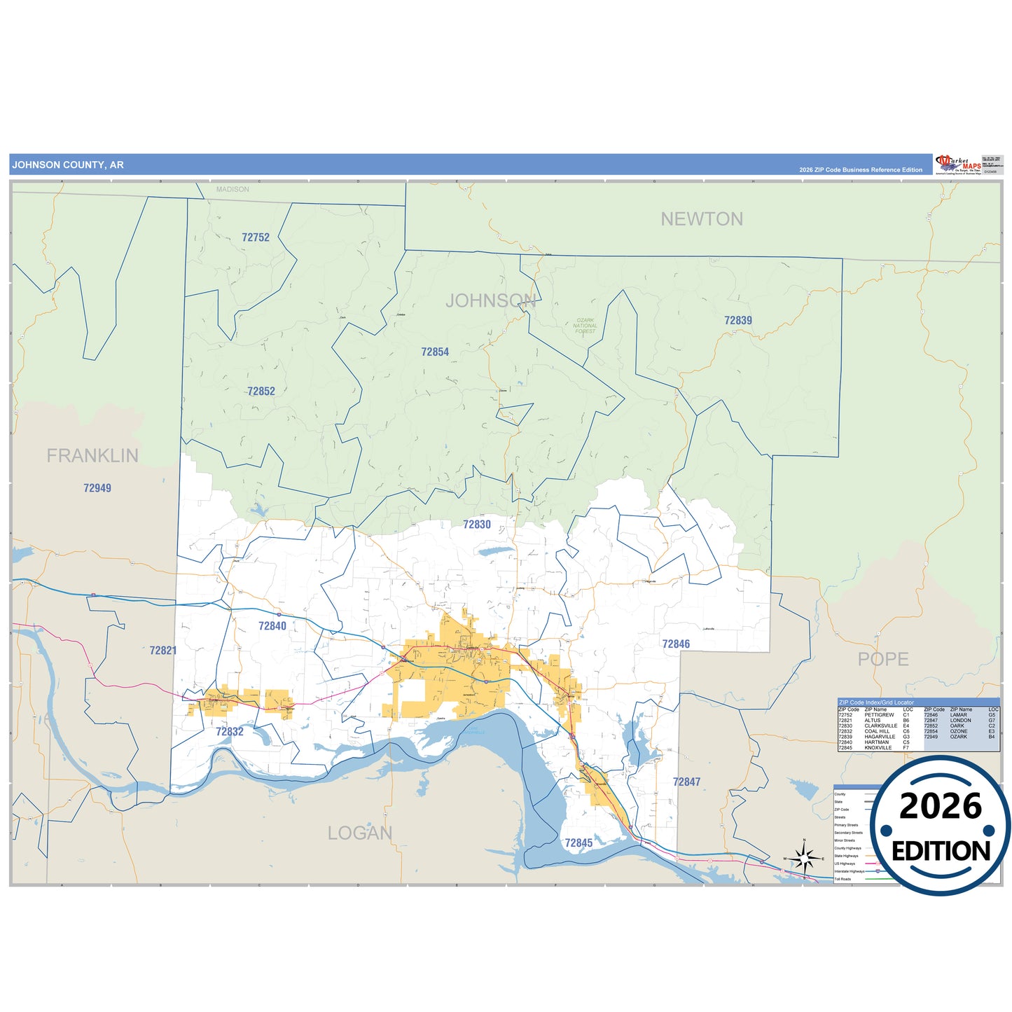 Johnson County, AR Business Reference 5 Digit ZIP Code Wall Map
