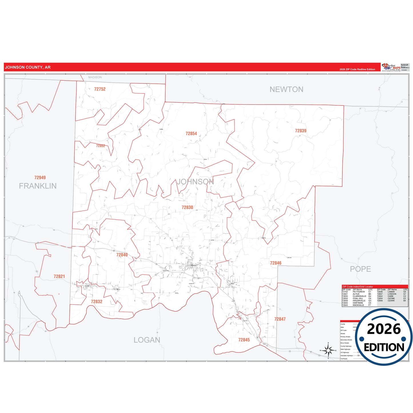 Johnson County, AR Red Line 5 Digit ZIP Code Wall Map