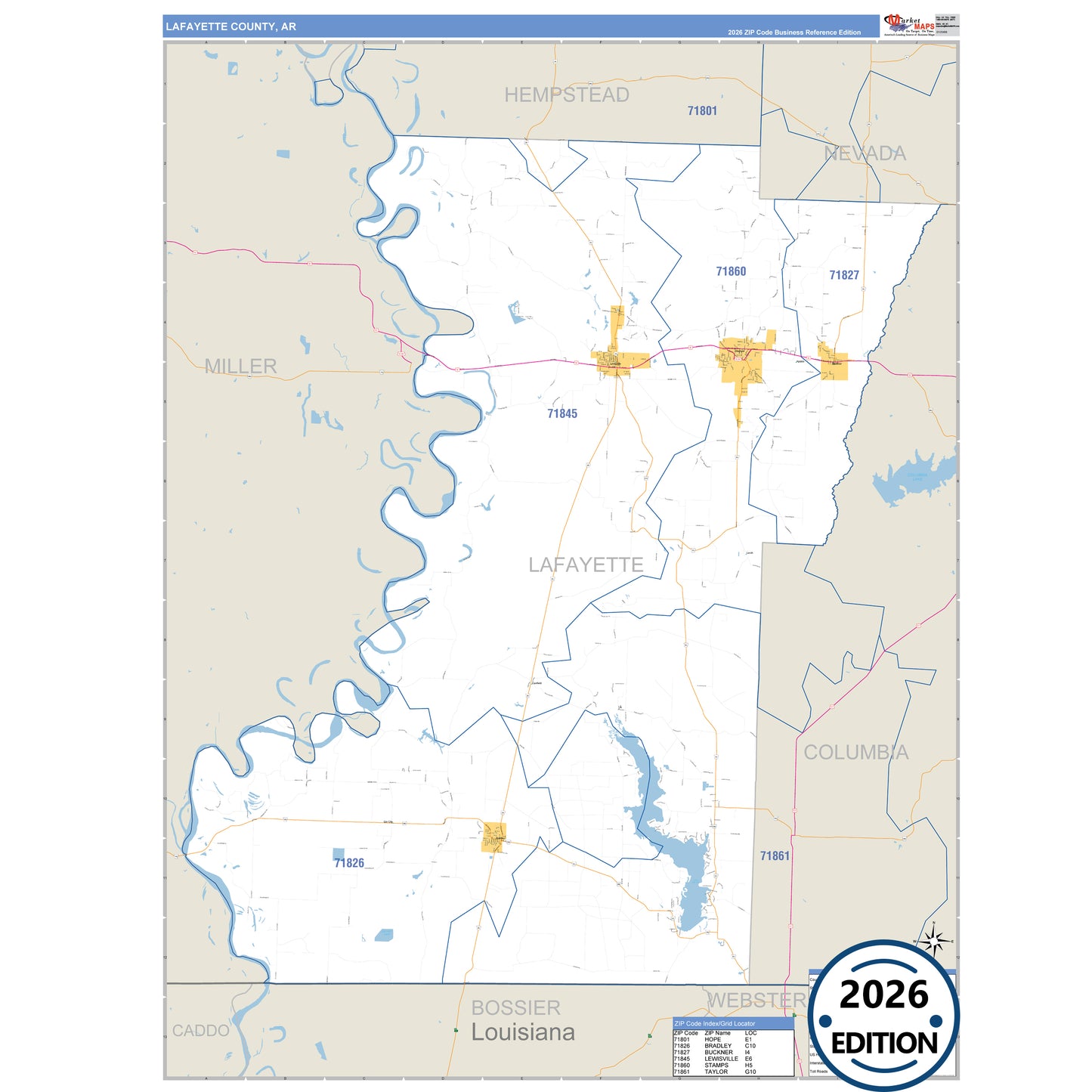 Lafayette County, AR Business Reference 5 Digit ZIP Code Wall Map