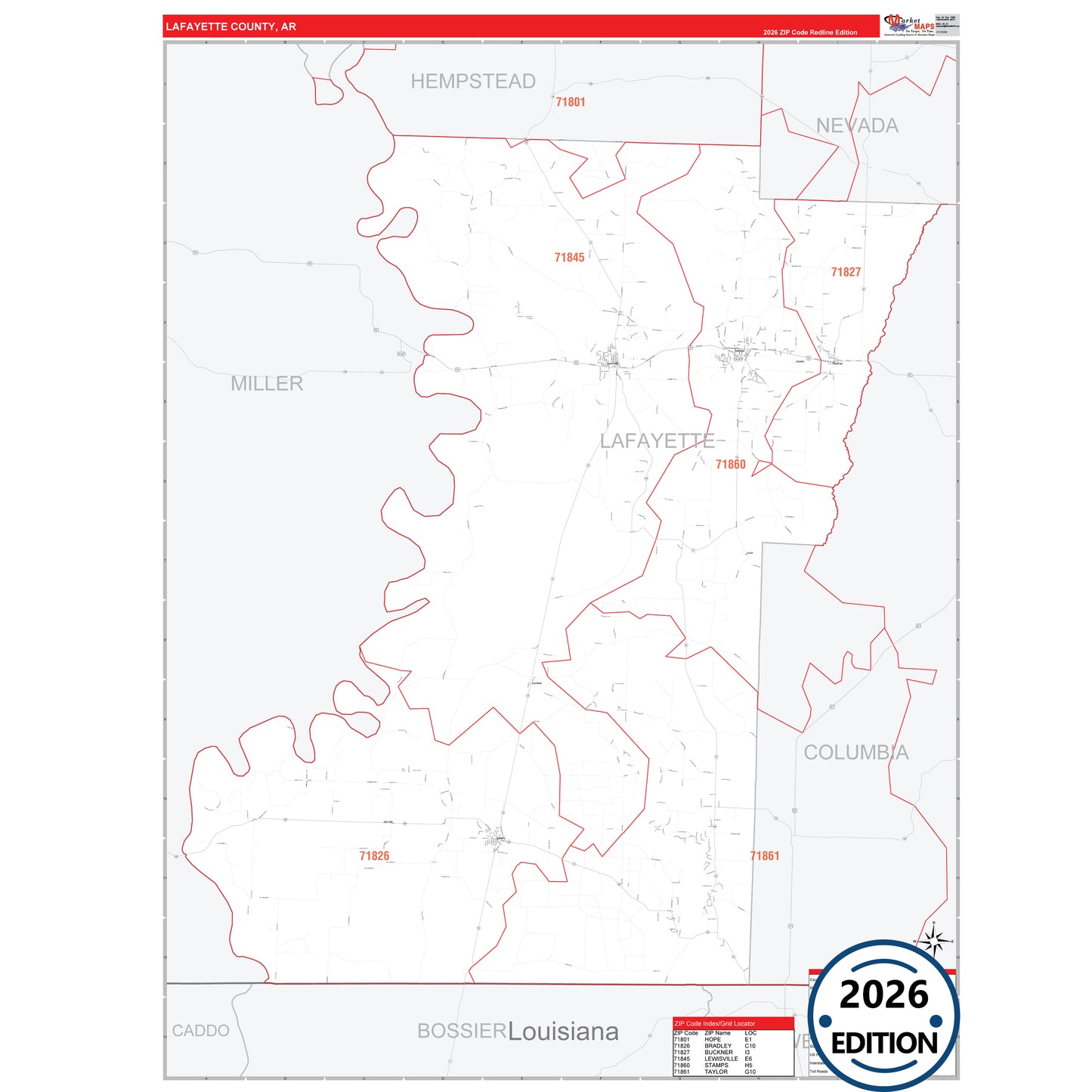 Lafayette County, AR Red Line 5 Digit ZIP Code Wall Map
