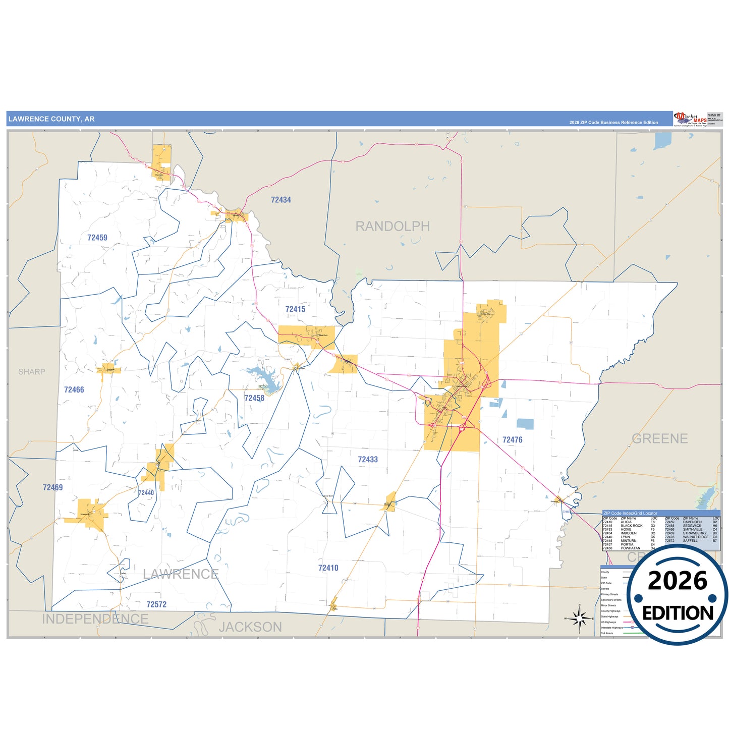 Lawrence County, AR Business Reference 5 Digit ZIP Code Wall Map