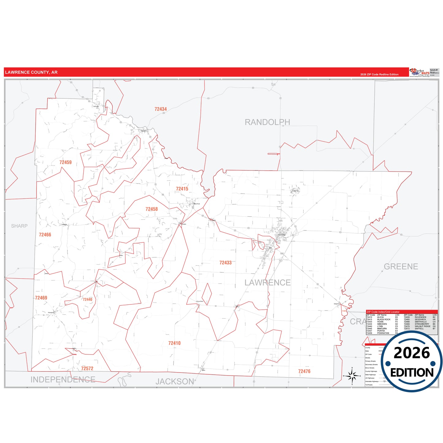 Lawrence County, AR Red Line 5 Digit ZIP Code Wall Map