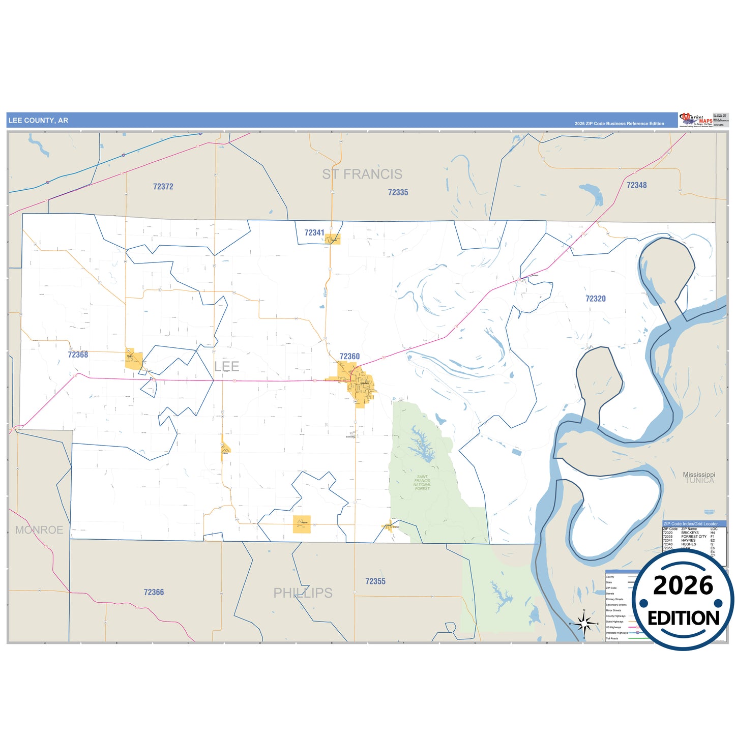 Lee County, AR Business Reference 5 Digit ZIP Code Wall Map