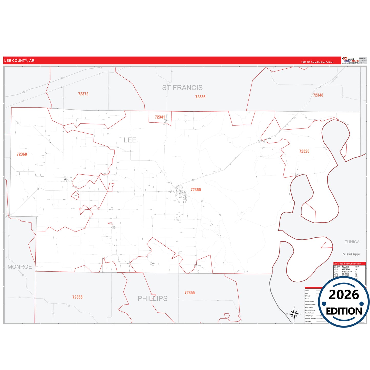 Lee County, AR Red Line 5 Digit ZIP Code Wall Map
