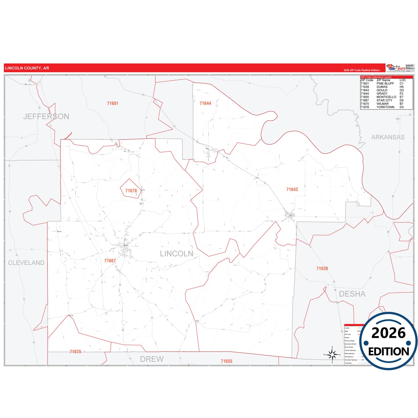Lincoln County, AR Red Line 5 Digit ZIP Code Wall Map