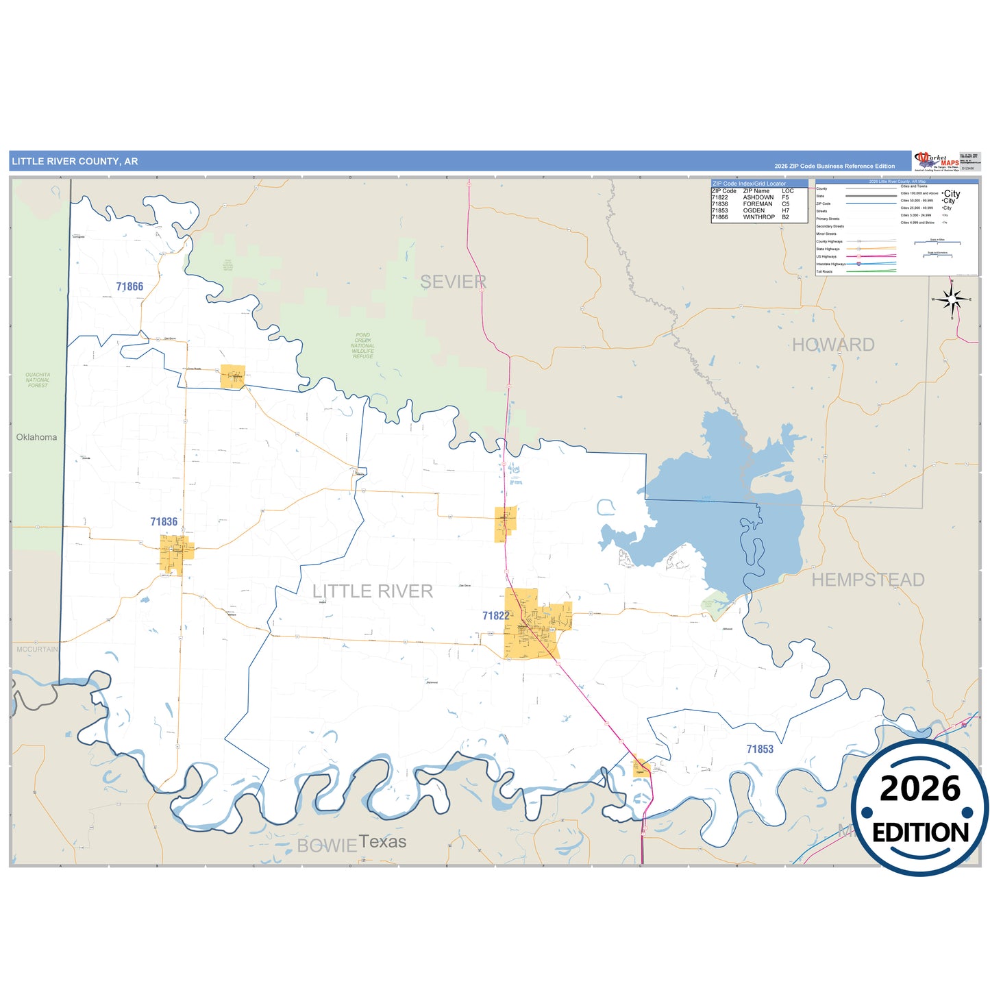 Little River County, AR Business Reference 5 Digit ZIP Code Wall Map