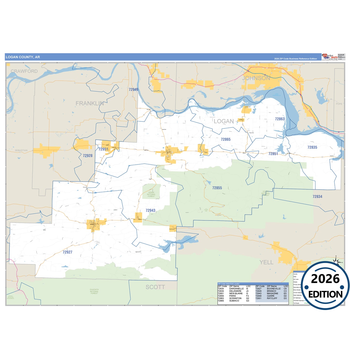 Logan County, AR Business Reference 5 Digit ZIP Code Wall Map