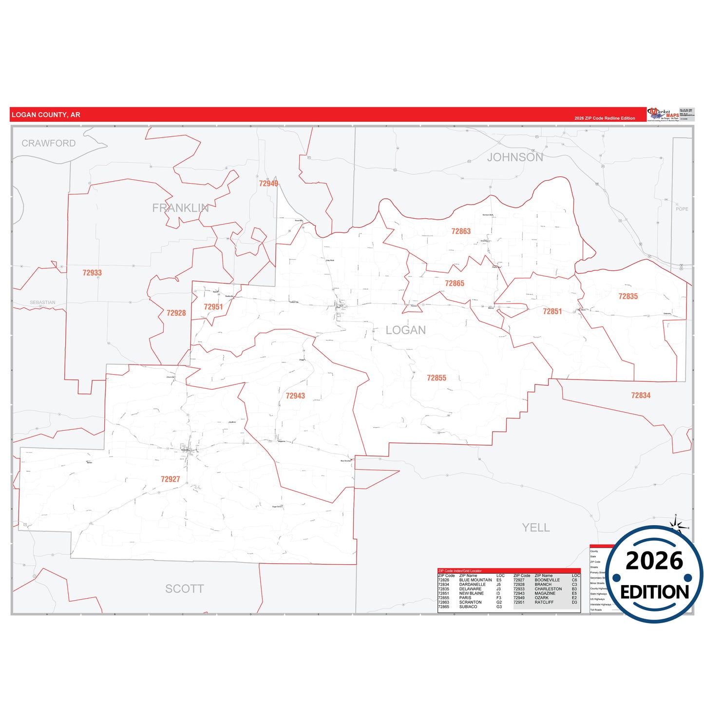 Logan County, AR Red Line 5 Digit ZIP Code Wall Map