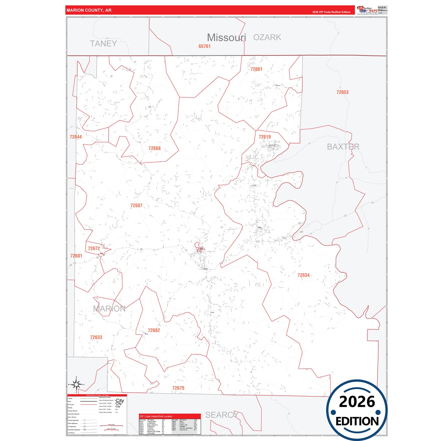 Marion County, AR Red Line 5 Digit ZIP Code Wall Map