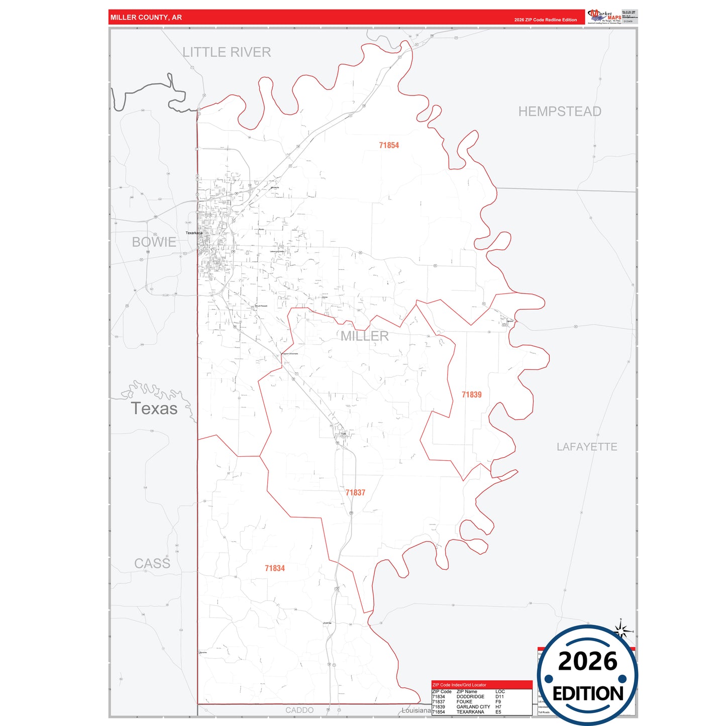 Miller County, AR Red Line 5 Digit ZIP Code Wall Map