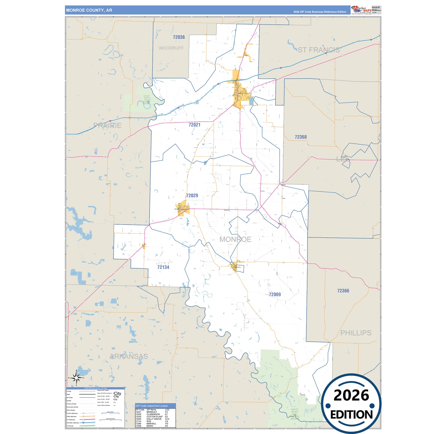 Monroe County, AR Business Reference 5 Digit ZIP Code Wall Map