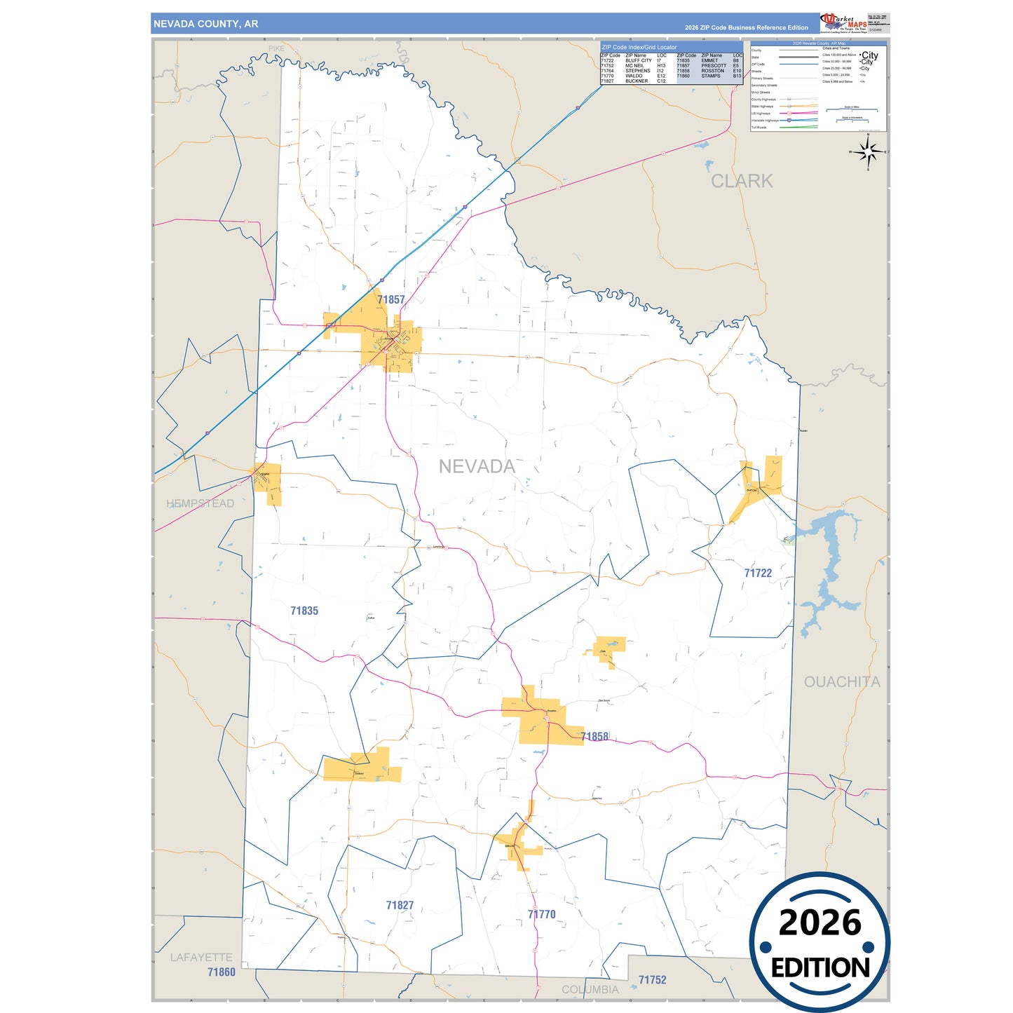 Nevada County, AR Business Reference 5 Digit ZIP Code Wall Map