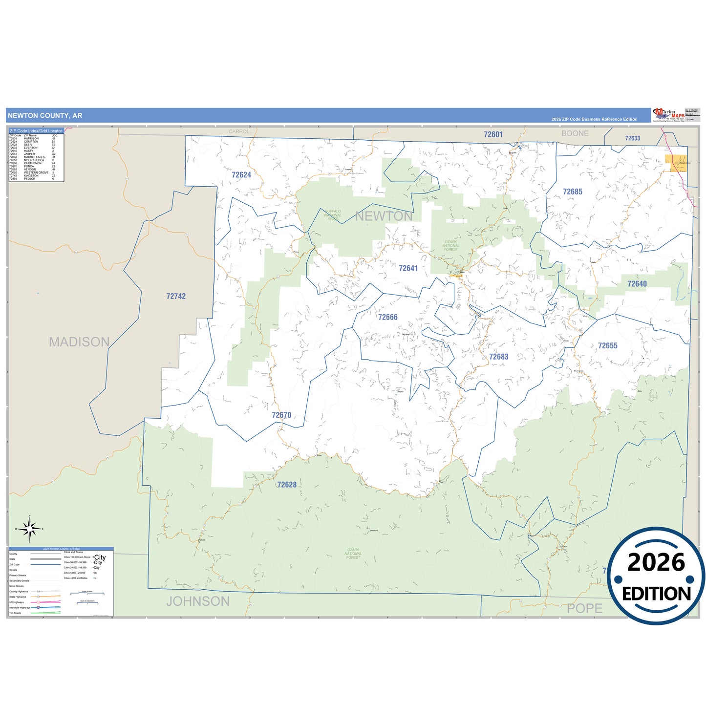 Newton County, AR Business Reference 5 Digit ZIP Code Wall Map
