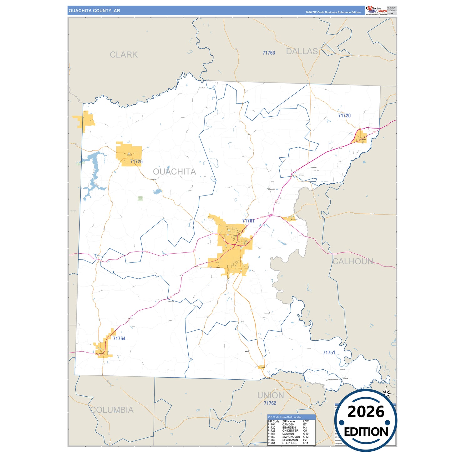Ouachita County, AR Business Reference 5 Digit ZIP Code Wall Map