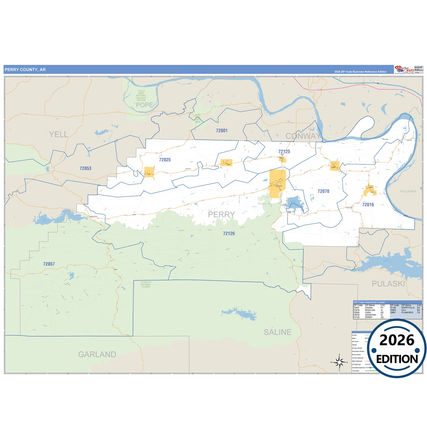 Perry County, AR Business Reference 5 Digit ZIP Code Wall Map