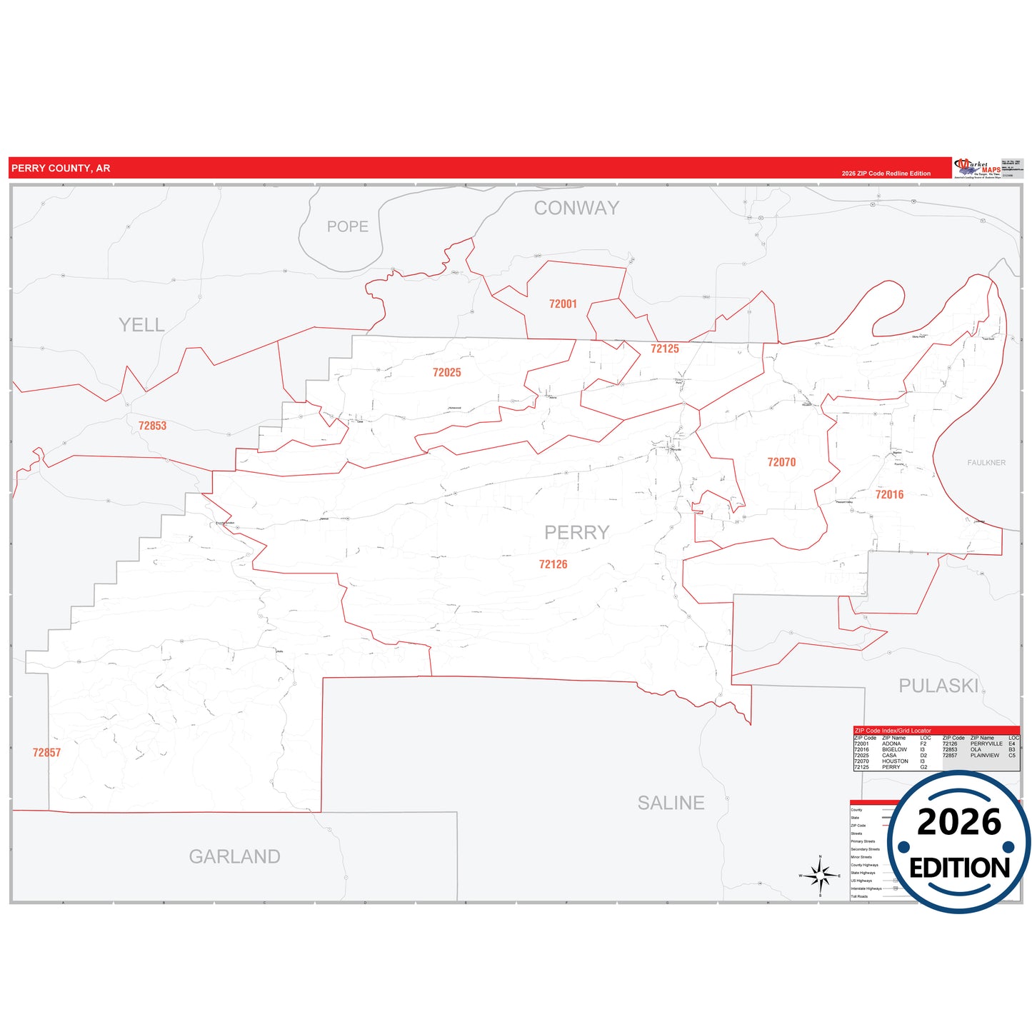 Perry County, AR Red Line 5 Digit ZIP Code Wall Map