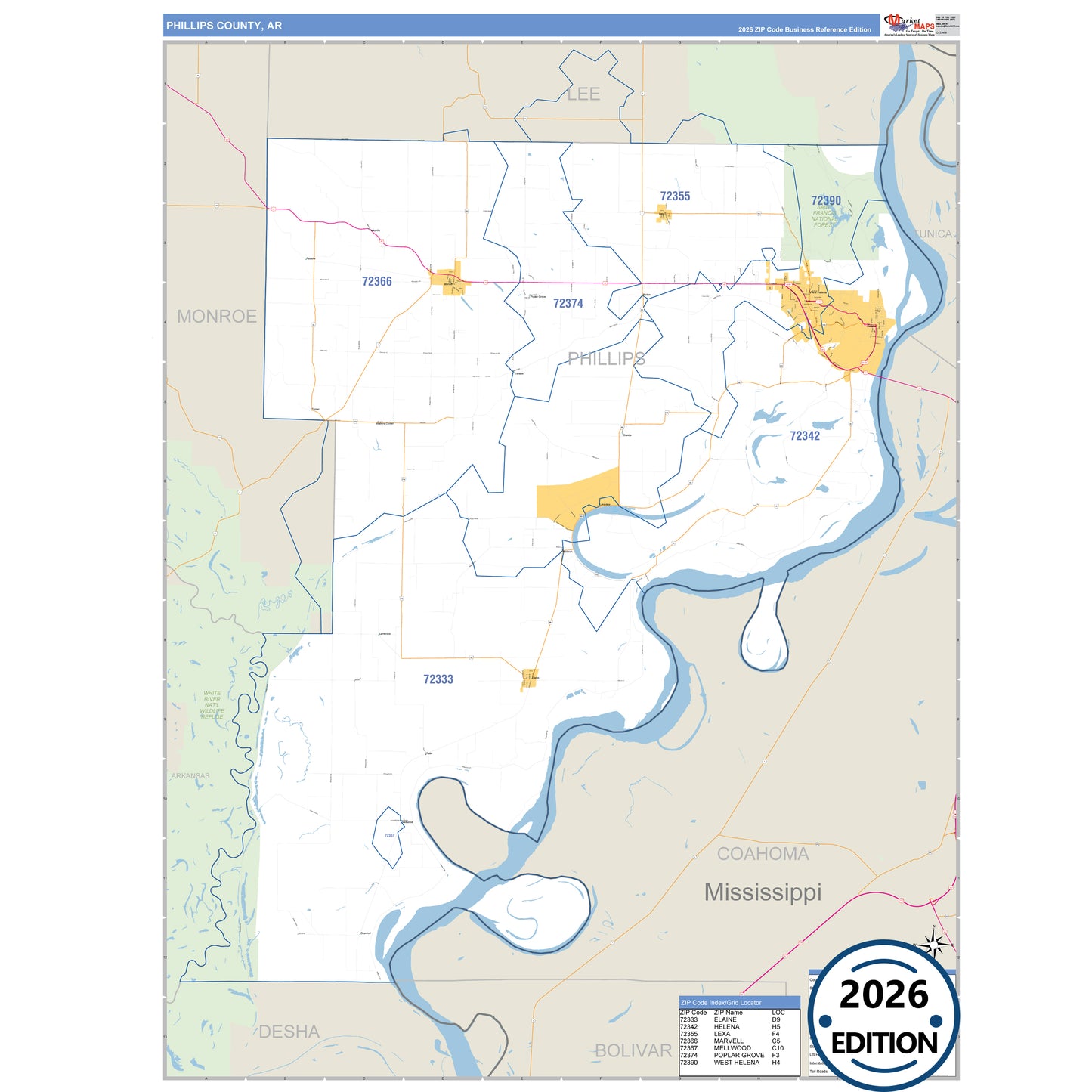 Phillips County, AR Business Reference 5 Digit ZIP Code Wall Map