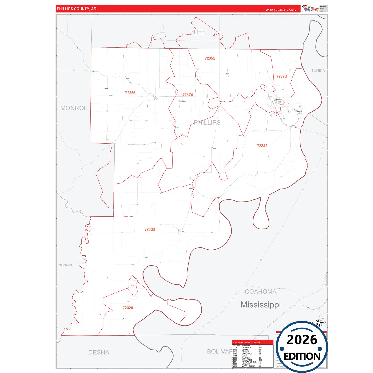 Phillips County, AR Red Line 5 Digit ZIP Code Wall Map