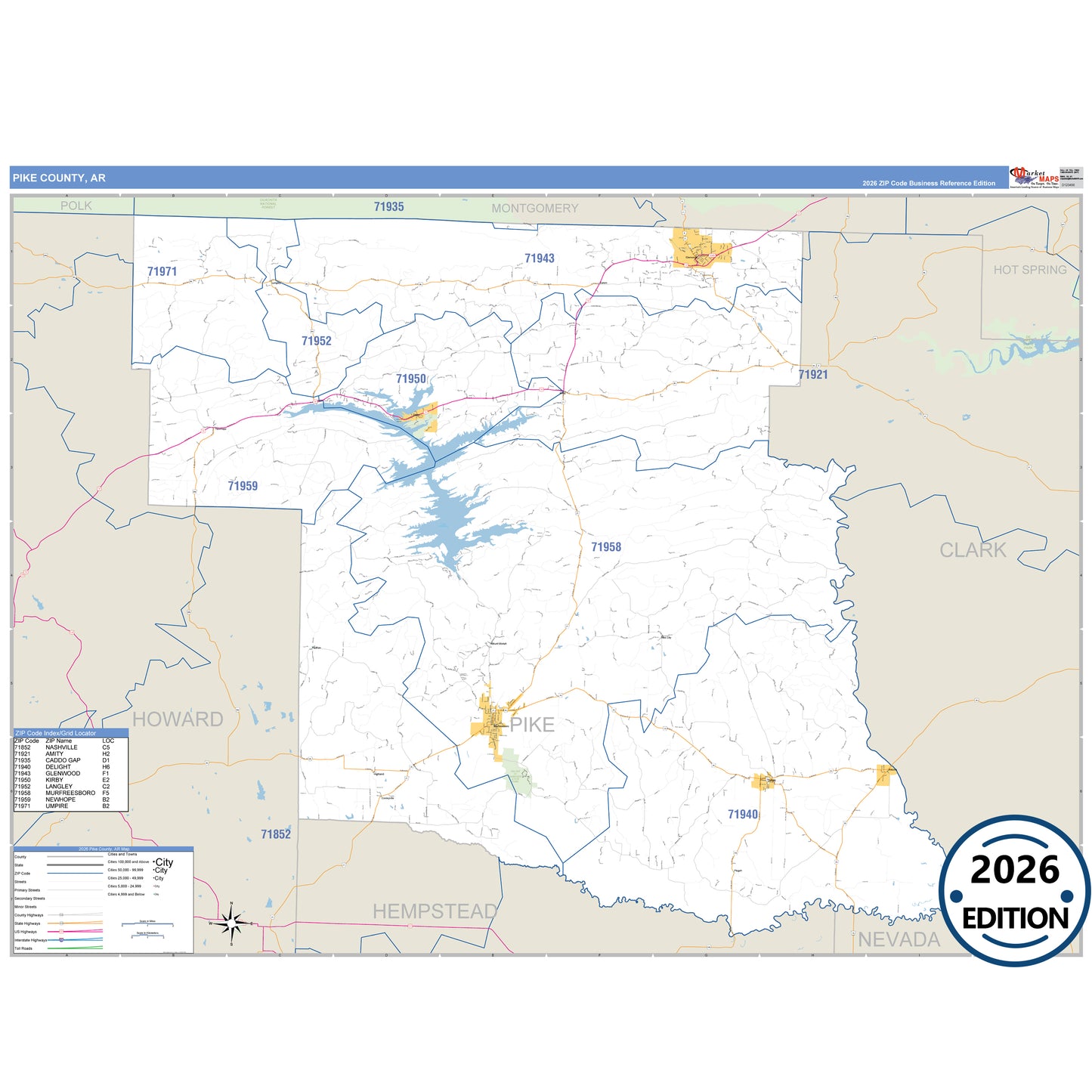 Pike County, AR Business Reference 5 Digit ZIP Code Wall Map