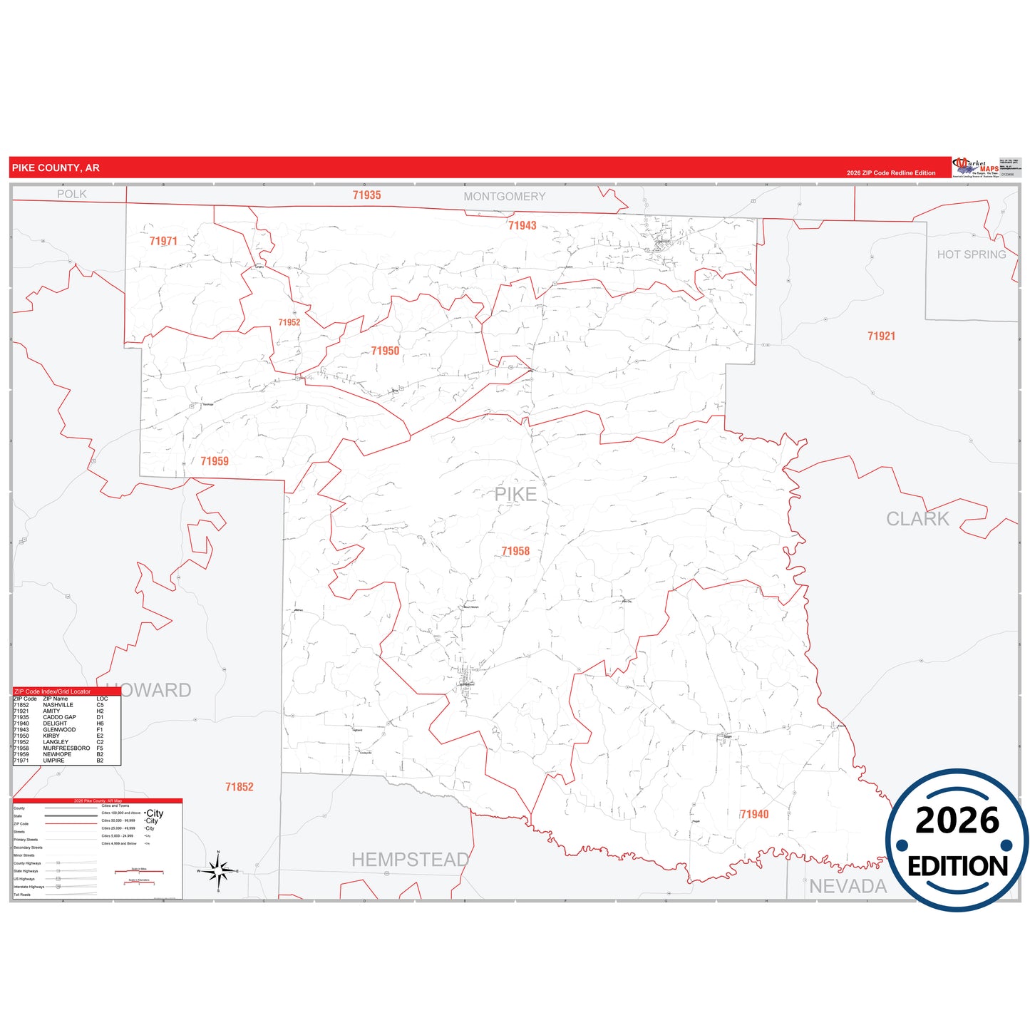 Pike County, AR Red Line 5 Digit ZIP Code Wall Map