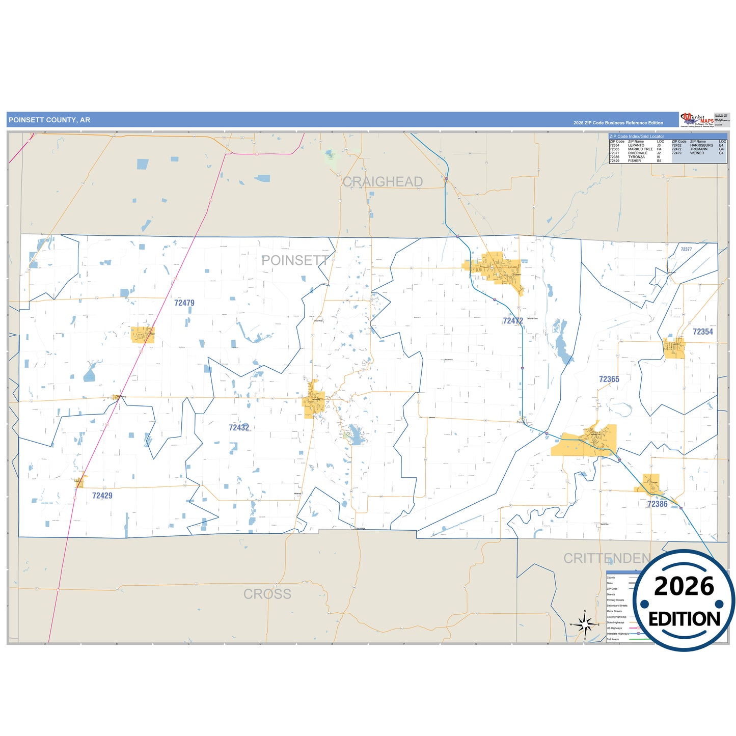 Poinsett County, AR Business Reference 5 Digit ZIP Code Wall Map