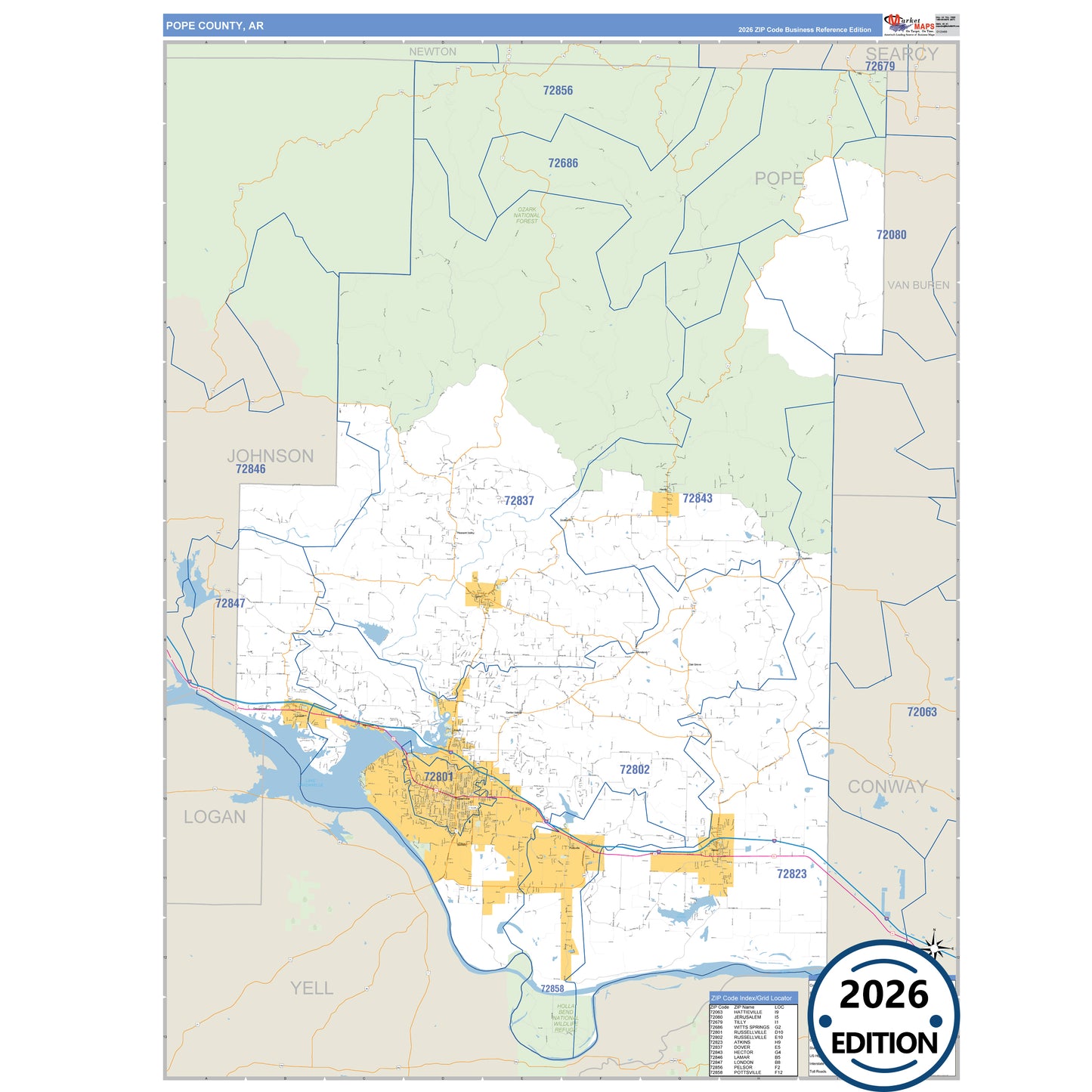 Pope County, AR Business Reference 5 Digit ZIP Code Wall Map