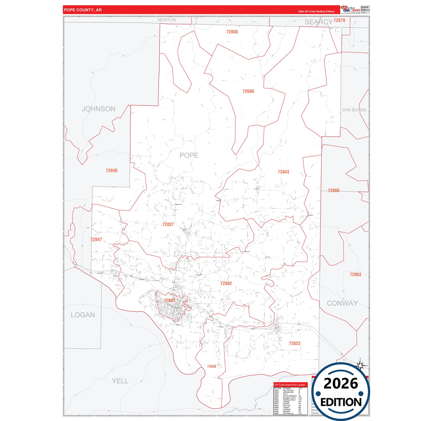 Pope County, AR Red Line 5 Digit ZIP Code Wall Map