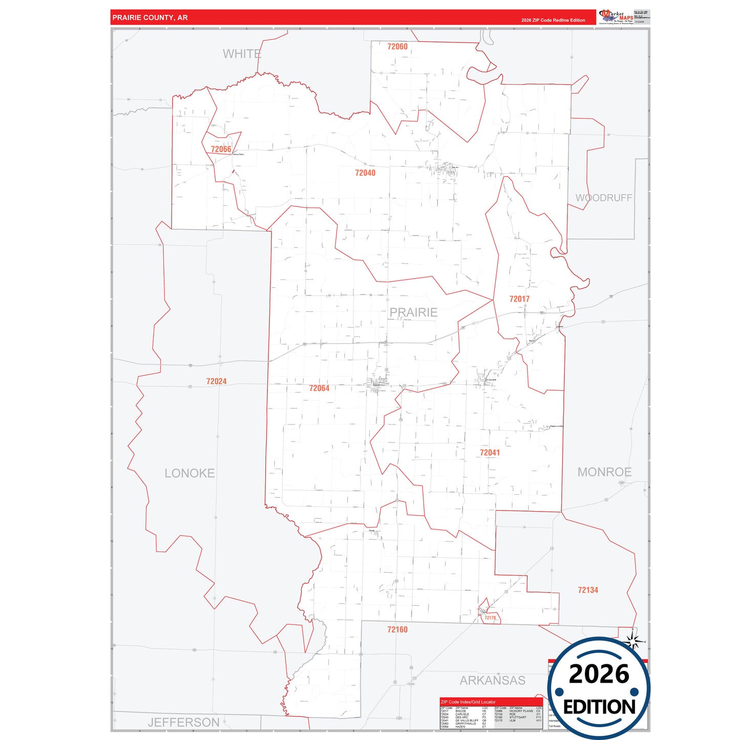 Prairie County, AR Red Line 5 Digit ZIP Code Wall Map