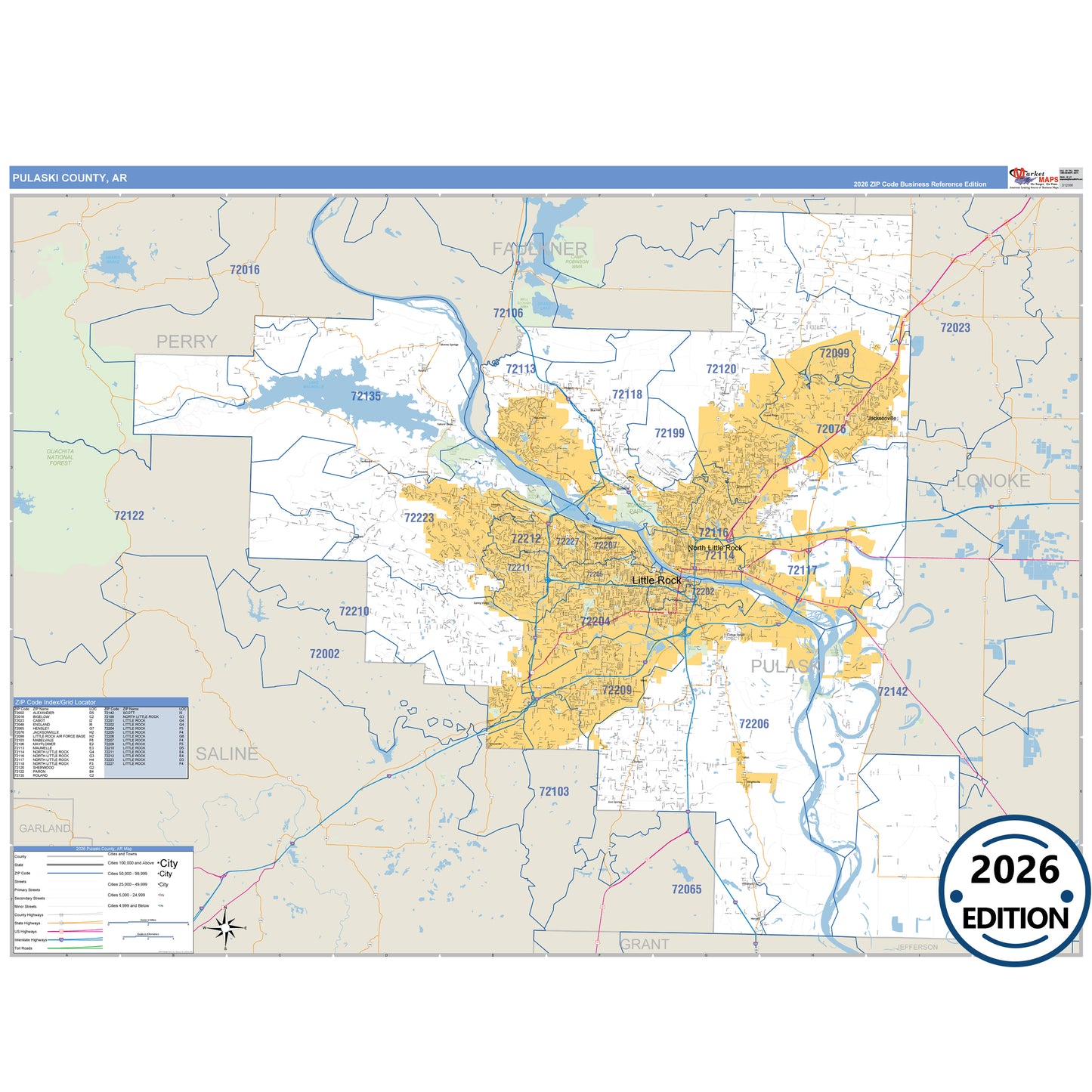 Pulaski County, AR Business Reference 5 Digit ZIP Code Wall Map