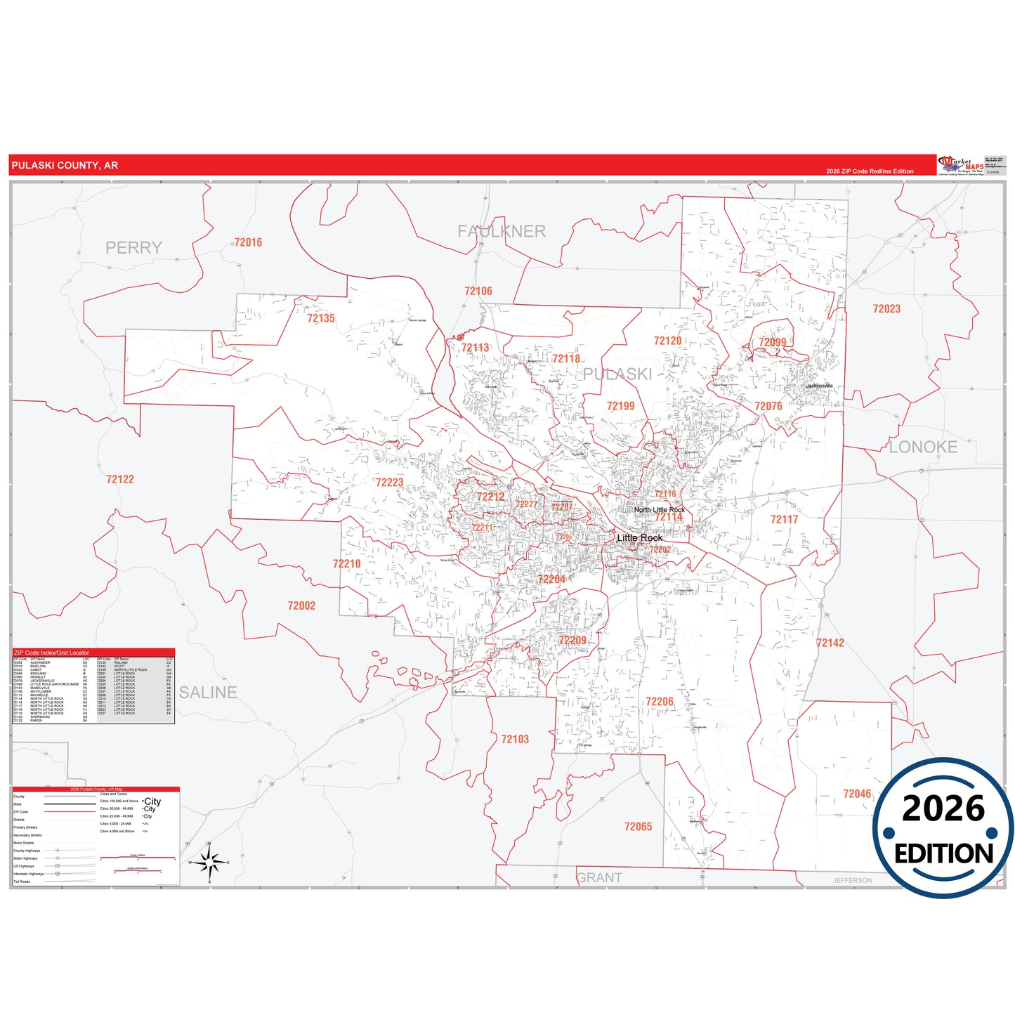 Pulaski County, AR Red Line 5 Digit ZIP Code Wall Map