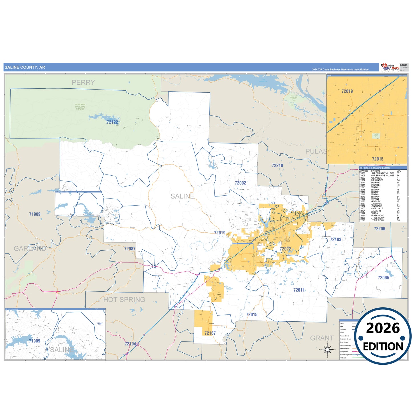 Saline County, AR Business Reference 5 Digit ZIP Code Wall Map