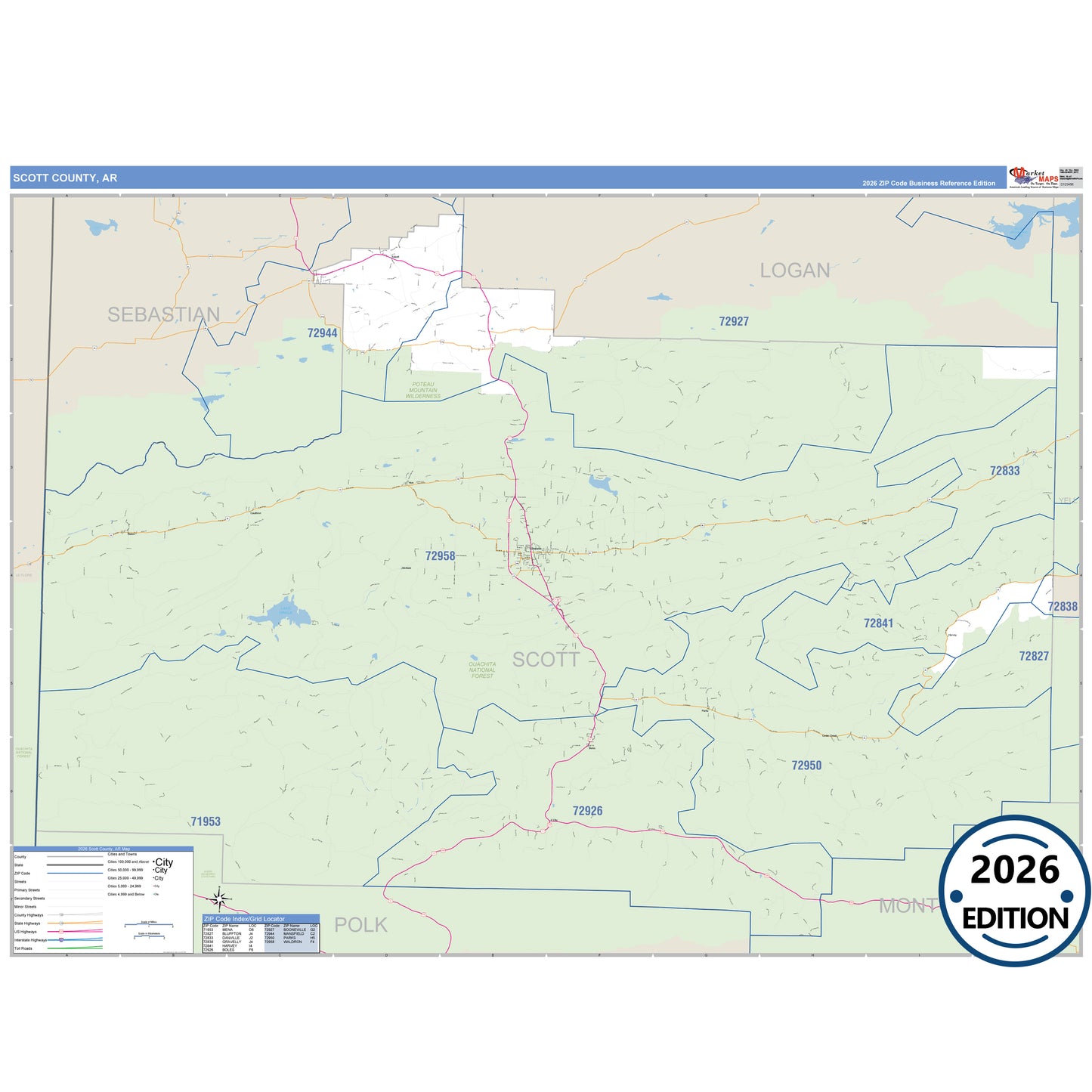 Scott County, AR Business Reference map with detailed roads, cities, and ZIP code boundaries.
