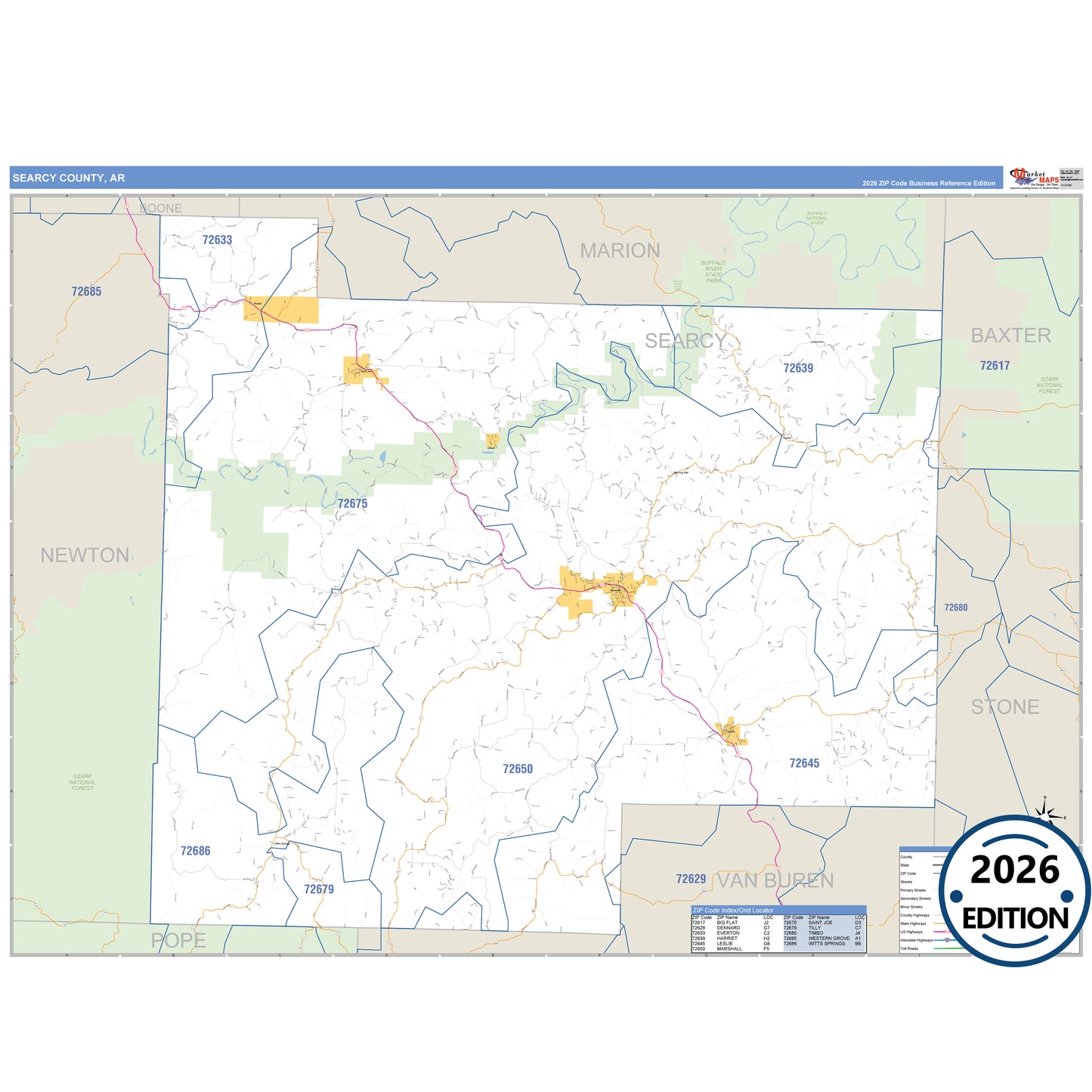 Searcy County, AR Business Reference 5 Digit ZIP Code Wall Map