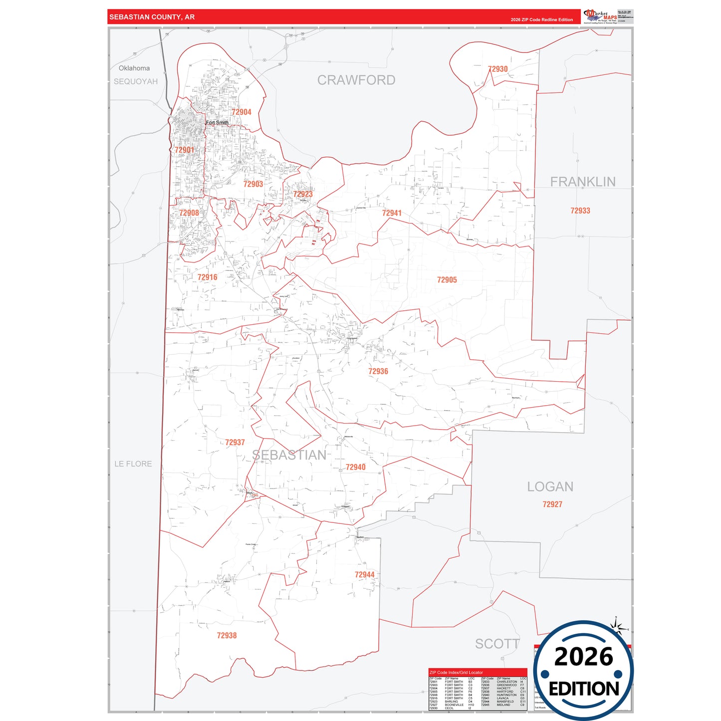 Sebastian County, AR Red Line 5 Digit ZIP Code Wall Map