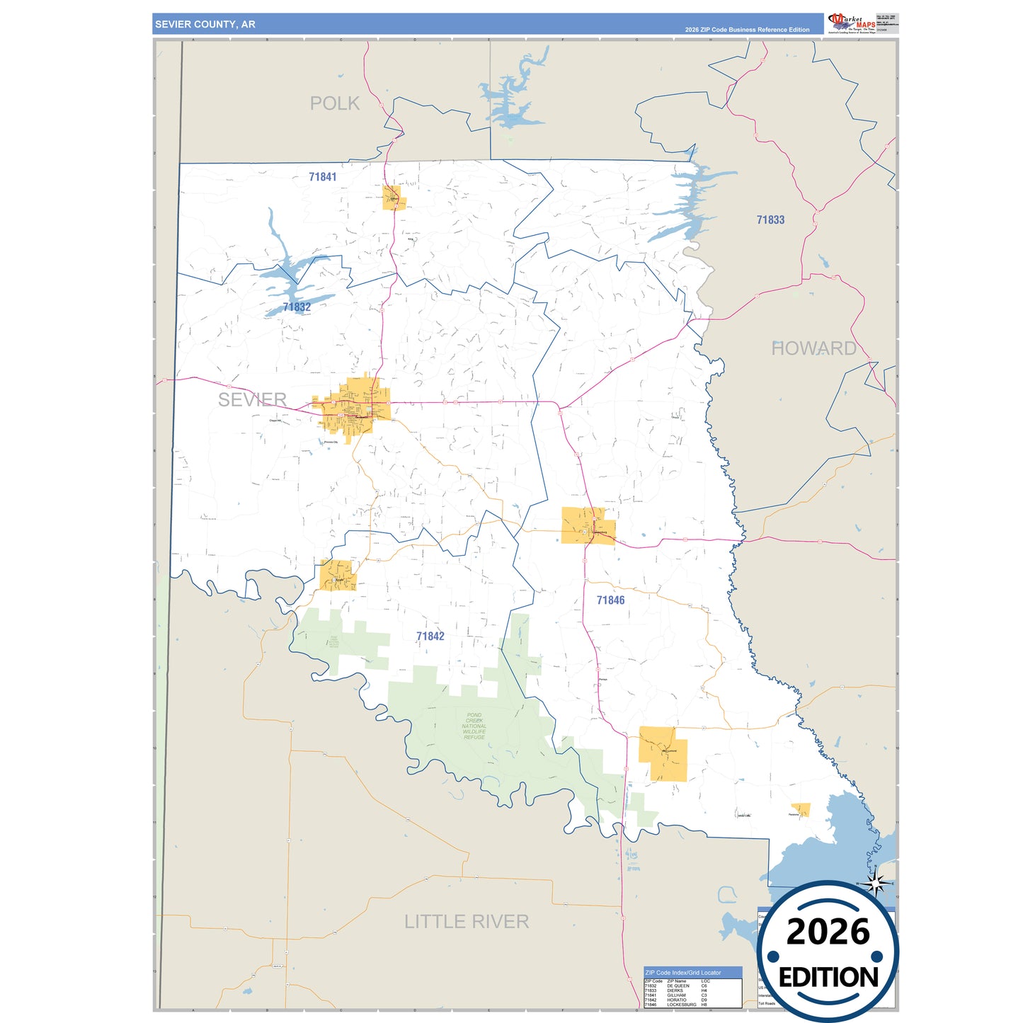 Sevier County, AR Business Reference 5 Digit ZIP Code Wall Map