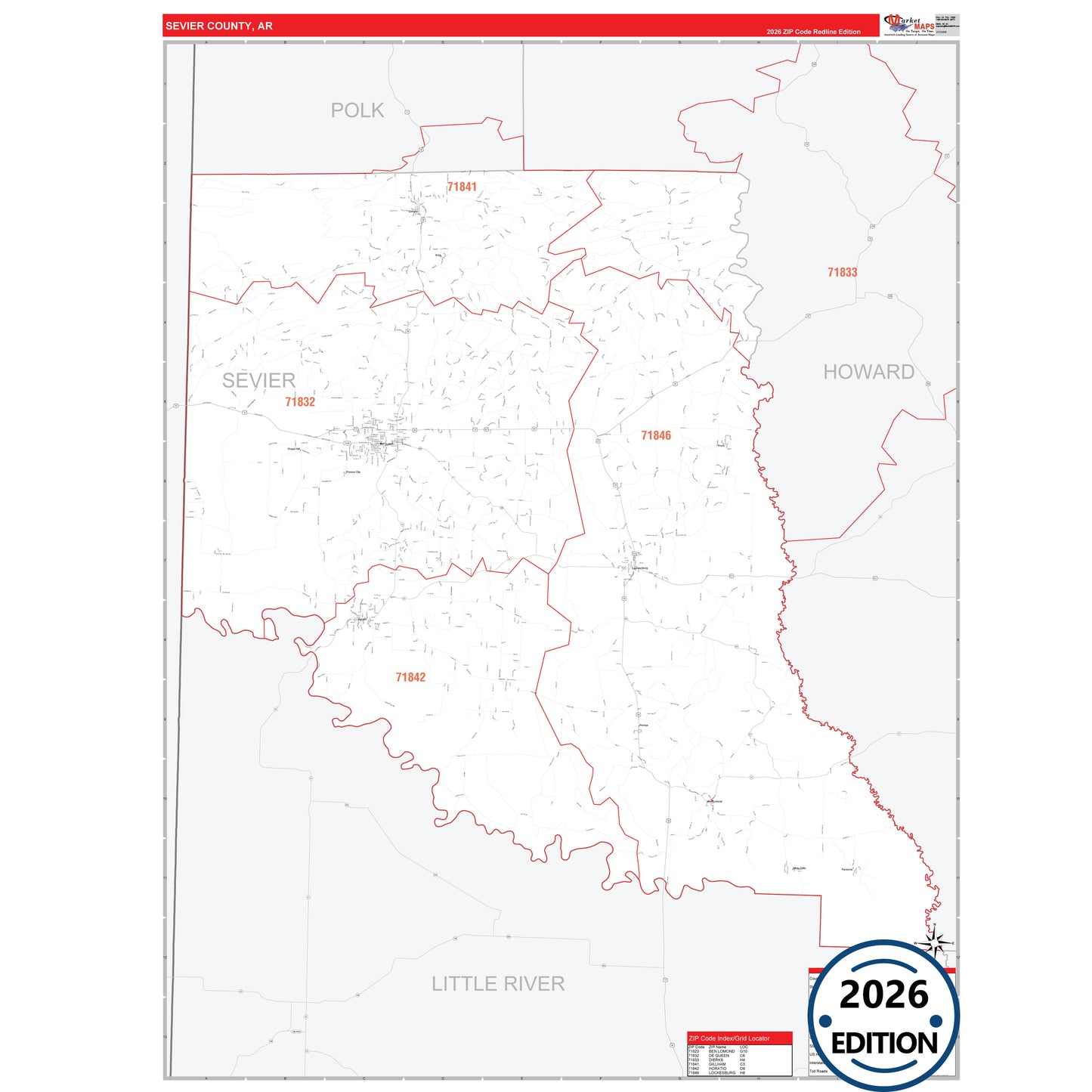 Sevier County, AR Red Line 5 Digit ZIP Code Wall Map