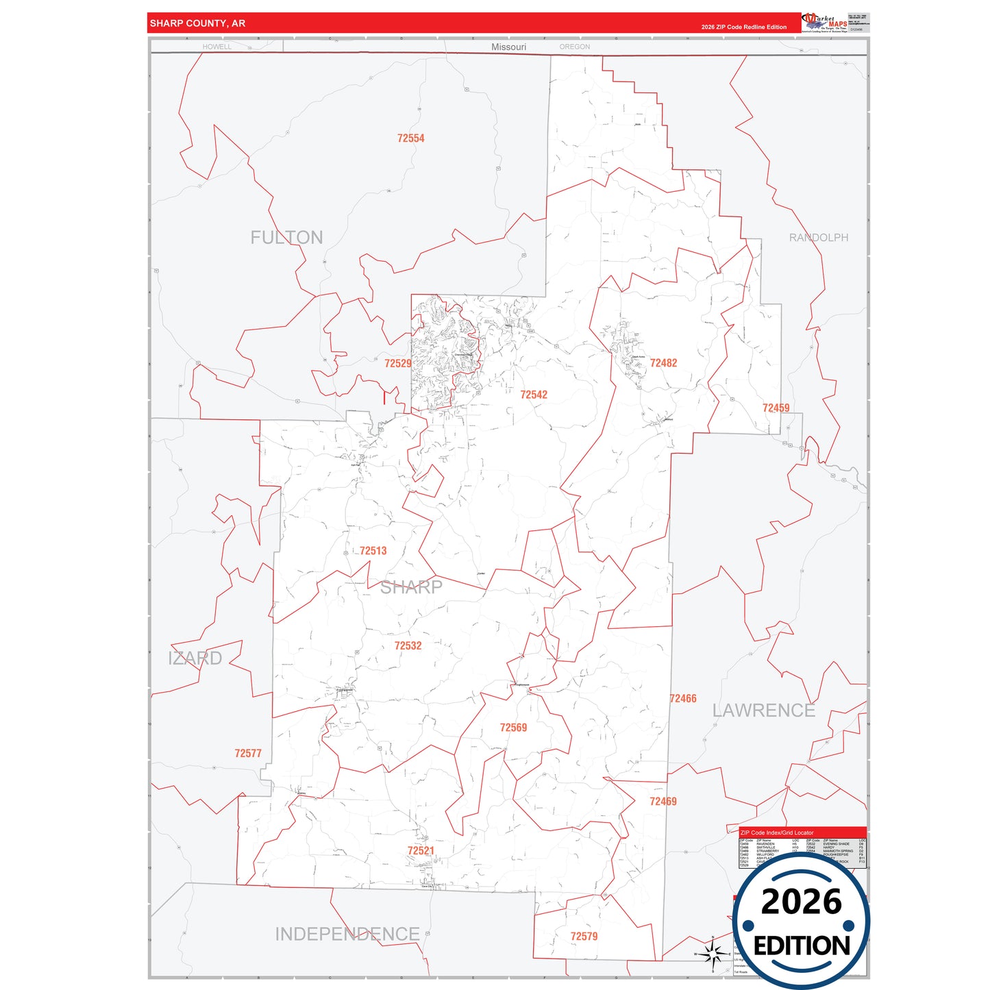 Sharp County, AR Red Line 5 Digit ZIP Code Wall Map